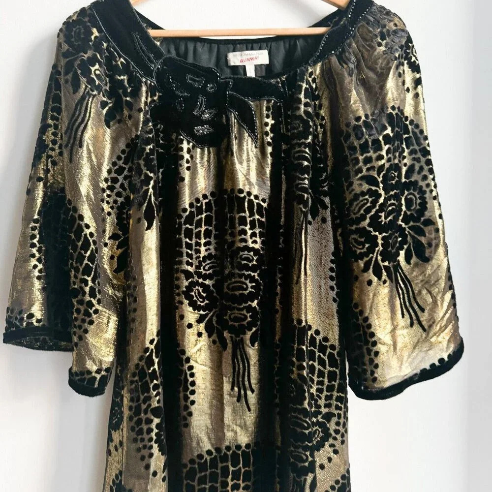 BCBG Runway Gold Metallic Flocked Velvet Floral Mini Dress S